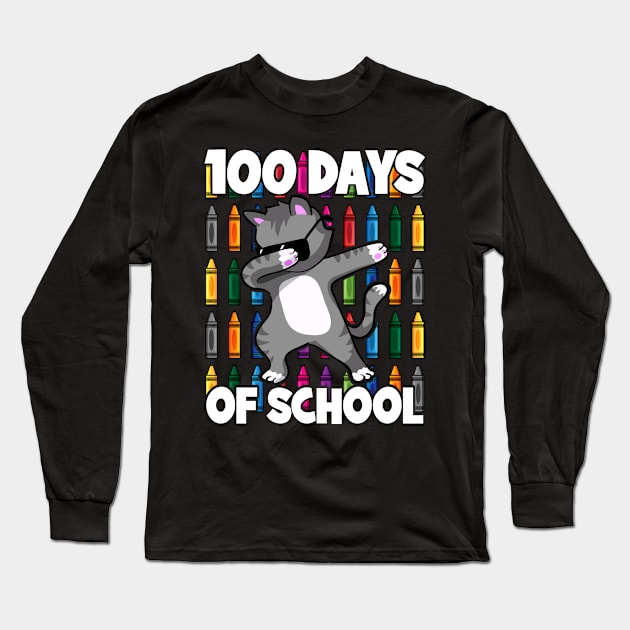 100th Day of School Teacher Dabbing Cat Students Long Sleeve T-Shirt by RadStar